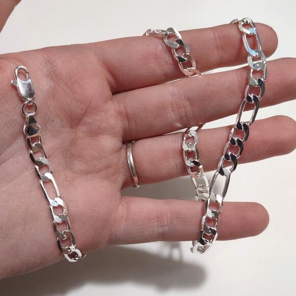 Genuine S925 Silver Necklace Bracelet Set Figaro Chain Link Valentines Birthday